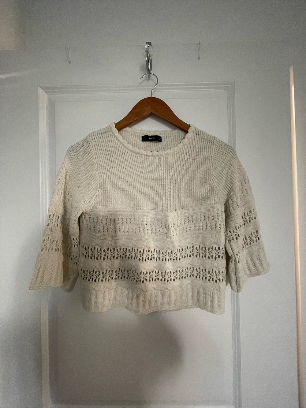 Mango Cream Open-Knit Cropped Crew Sweater